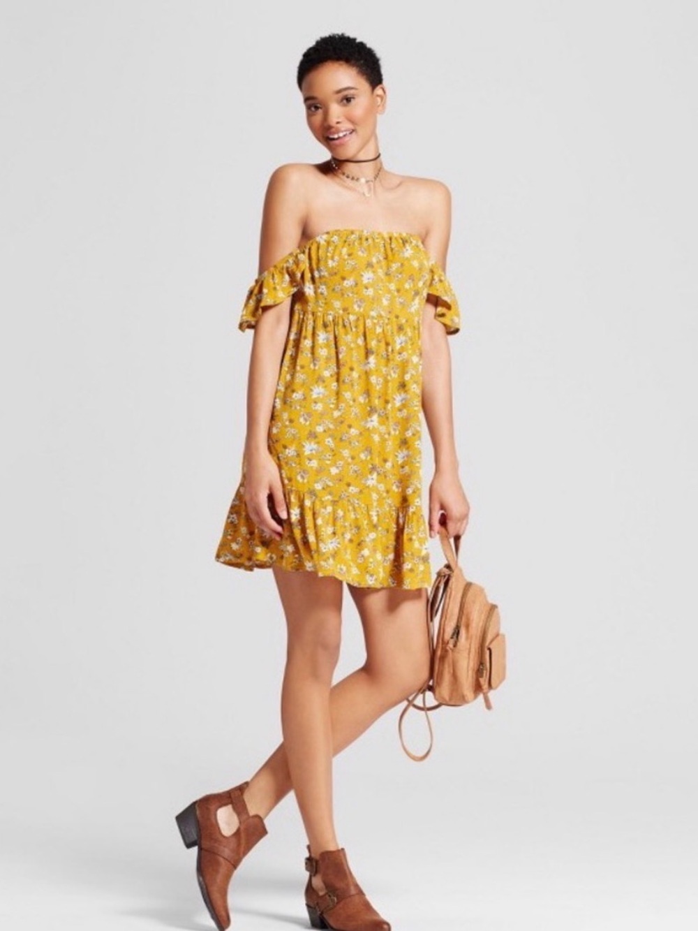 Mossimo Supply Co. Mustard Yellow Floral Off-Shoulder Mini Dress SZ SM NEW